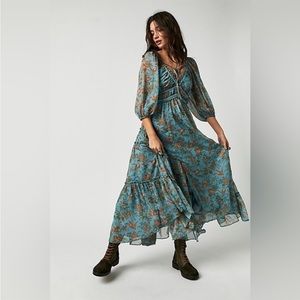 Free People Floral Maxi Dress in Blue and Brown